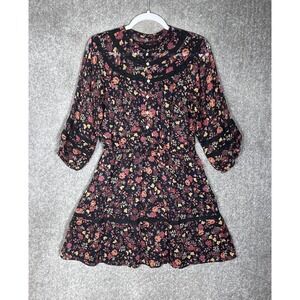 LOFT Dress Womens‎ Size Medium Petite 3/4 Sheer Puff Sleeve Black Floral Lined
